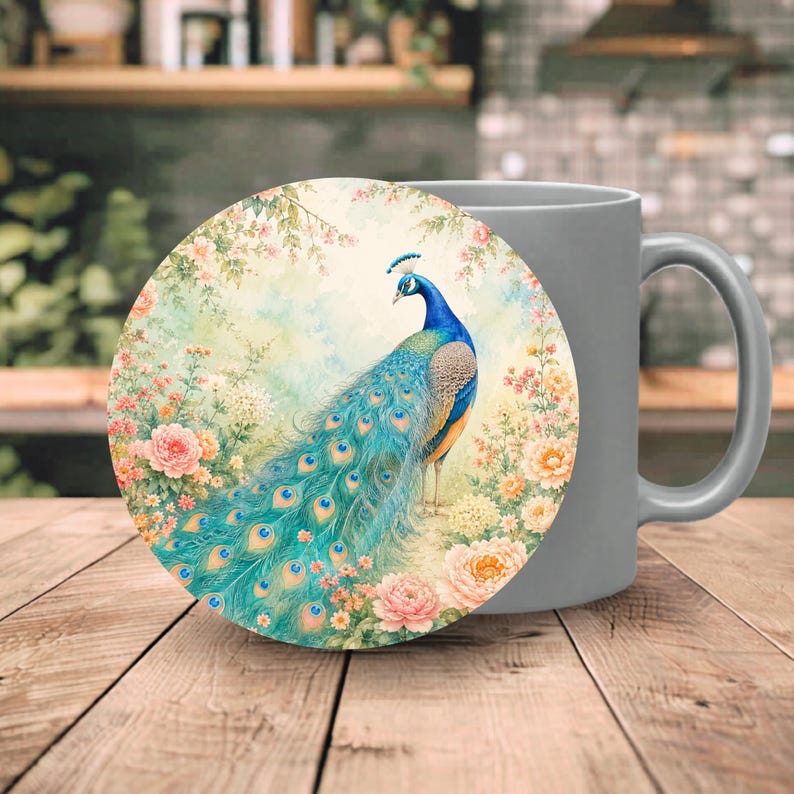 Peacock Coasters Set of 4, Colourful Vintage Floral Bird Drink Mats ...