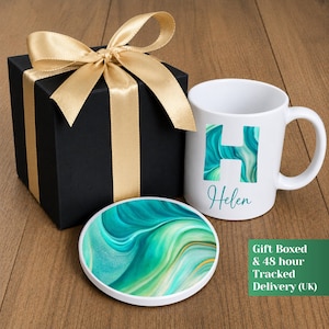 Personalised Matching Mug Coaster Set, Green Turquoise Initial Mug Gift, Marble Teal Coffee Cup, Custom Name Present, Birthday Gift Ideas