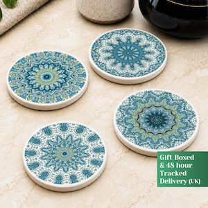 Moroccan Tile Coasters Set of 4, Mediterranean Mandala Ceramic Drinks Mats Gift Box Included, Housewarming Gift