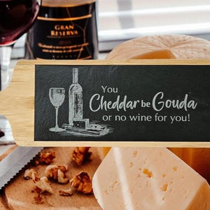 Charcuterie Board Wood & Slate with Funny Quote - Rustic Cheese Serving Tray, Entertaining Gift for Wine Lovers