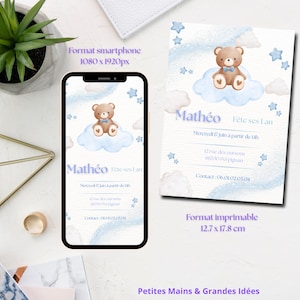 Invitation Anniversaire Ourson - Modifiable sur Canva - Format Smartphone & Affiche - Fichier PDF avec 2 liens inclus