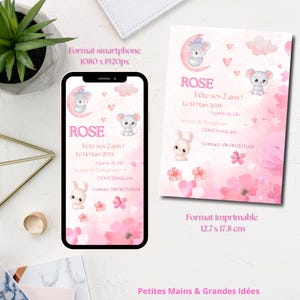 Invitation Anniversaire Rose – Animaux Mignons à Modifier sur Canva