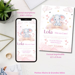 Invitation anniversaire éléphant à personnaliser – format carte & smartphone – lien Canva inclus