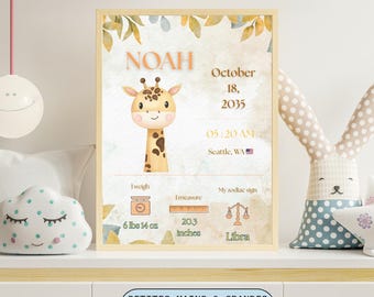 Editable Birth Poster – Cute Animal Nursery Wall Art (5 different designs)– Canva Template – Digital Download – A4 Printable Baby Name Print