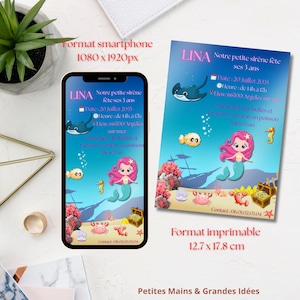 Invitation sirène anniversaire – Modifiable Canva – 2 formats (téléphone + carte) – Fichier PDF