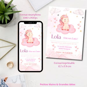 Invitation Licorne Anniversaire – 2 formats ( imprimable smartphone) Modèle Canva Téléchargeable et modifiable.