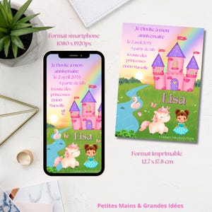 Invitation Anniversaire Princesse & Licorne – Modifiable sur Canva (2 Formats)