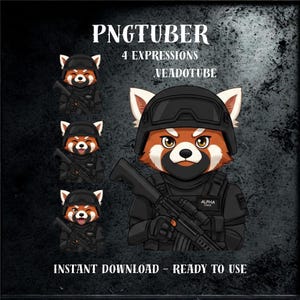 May include: Digital PNGTuber image featuring a red panda character in tactical gear, holding a rifle. The image includes four expressions and the text "PNGTUBER", "4 EXPRESSIONS", and "INSTANT DOWNLOAD - READY TO USE".