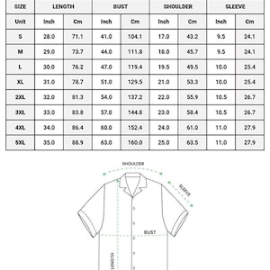 May include: A chart detailing the size specifications for an AOP Pocket Regular Fit Hawaiian Shirt. Measurements are provided in inches and centimeters for length, bust, shoulder, and sleeve for sizes S through 5XL. A diagram of the shirt is also included.