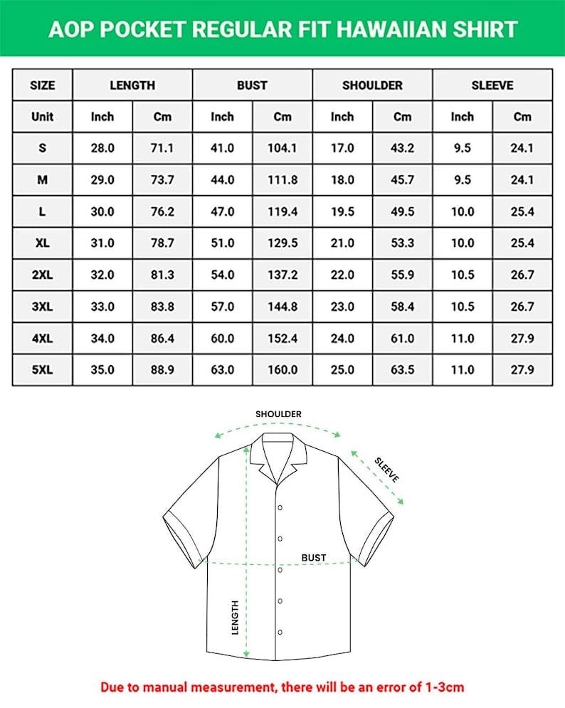 May include: A chart detailing the size specifications for an AOP Pocket Regular Fit Hawaiian Shirt. Measurements are provided in inches and centimeters for length, bust, shoulder, and sleeve for sizes S through 5XL. A diagram of the shirt is also included.