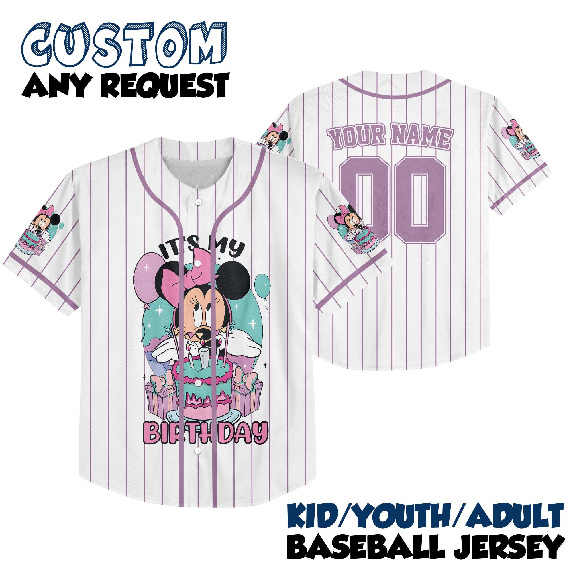 Discover Personalize Minnie Mouse Birthday Girl Jersey, Custom Kid Youth Adult Baseball Jersey