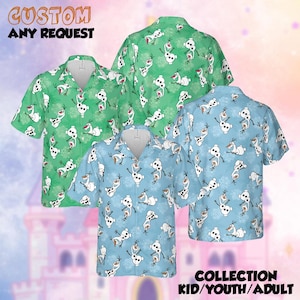 May include: Four short-sleeved button-down shirts in shades of green and blue, patterned with a cartoon snowman character. The shirts are labeled "CUSTOM ANY REQUEST" and "COLLECTION KID/YOUTH/ADULT".