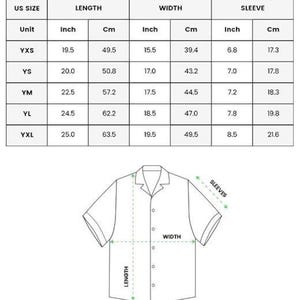 May include: A chart detailing youth short-sleeve Hawaiian shirt measurements. The chart includes sizes YXS to YXL, with length, width, and sleeve measurements in inches and centimeters. A shirt diagram illustrates the measurement points.