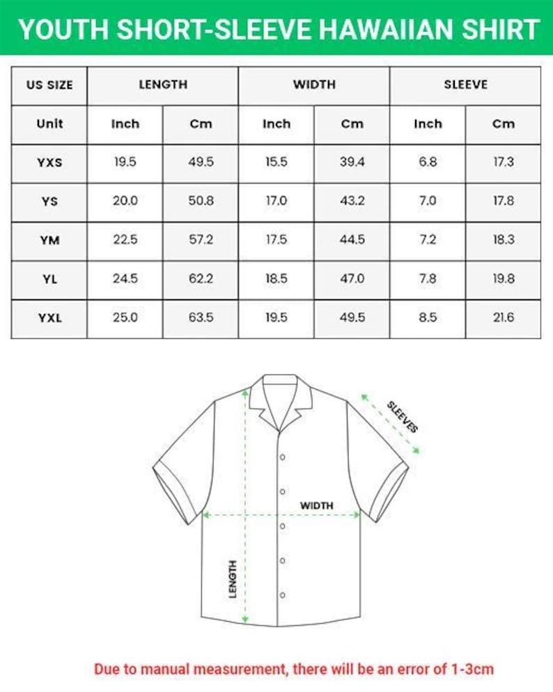 May include: A chart detailing youth short-sleeve Hawaiian shirt measurements. The chart includes sizes YXS to YXL, with length, width, and sleeve measurements in inches and centimeters. A shirt diagram illustrates the measurement points.