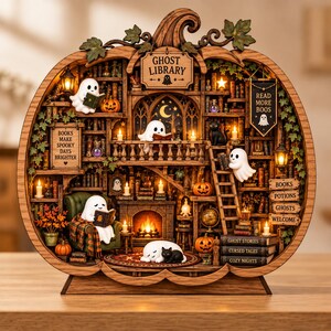 May include: A wooden pumpkin-shaped diorama titled Ghost Library, featuring multiple levels with miniature ghosts, black cats, bookshelves, a fireplace, and lanterns. Text includes Ghost Library, Books Make Spooky Days Brighter, Read More Boos, and book titles.