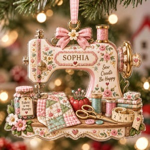 Pode incluir: Um ornamento de máquina de costura com o nome SOPHIA, padrões florais e o texto Sew Create Be Happy. Inclui um frasco com a etiqueta Fabric is my therapy, uma almofada de alfinetes, tesouras douradas, carretéis de linha e uma fita métrica.
