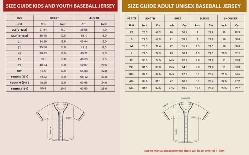 Op de afbeelding: Maattabel voor unisex honkbalshirts voor kinderen, jeugd en volwassenen. Inclusief borst-, lengte-, mouw- en schoudermaten in cm en inches. Met shirtdiagrammen ter referentie.