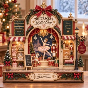 May include: A decorative Nutcracker Ballet Shop display featuring a ballerina, a nutcracker, and miniature toys. The structure includes signs reading Nutcracker Ballet Shop, Dance Believe Dream, A Little Magic Goes a Long Way, and Where Toys Meet Ballet Dreams.