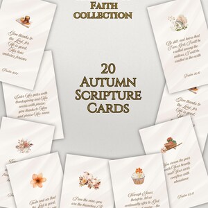 May include: A collection of 20 autumn scripture cards with floral and harvest-themed illustrations. The cards feature Bible verses and the text "Harvest of Faith Collection" and "Autumn Scripture Cards."