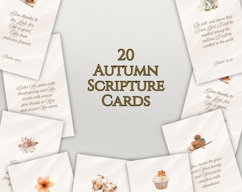 May include: A collection of 20 autumn scripture cards with floral and harvest-themed illustrations. The cards feature Bible verses and the text "Harvest of Faith Collection" and "Autumn Scripture Cards."