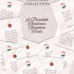 May include: A set of 25 printable Christmas scripture cards. Each card displays a watercolour ornament illustration and a Bible verse. The cards are arranged on a textured, off-white background, with the words "Glory of Christmas Collection" at the top.