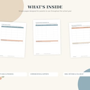 Puede incluir: Tres páginas blancas imprimibles tituladas WHAT'S INSIDE con los subtítulos IEP Goals at a Glance, Parent-School Communication Log y Concerns & Pattern Log. Las páginas presentan tablas con encabezados azules y naranjas para el seguimiento.