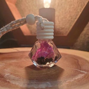 May include: A clear, faceted glass bottle with a white wooden cap and a braided rope. The bottle contains pink and black dried flowers. The bottle is sitting on a wooden surface.