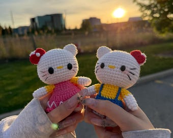Handmade Hello Kitty Crochet Plush – Choose Pink Dress or Blue Overalls