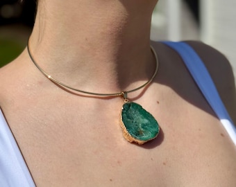 Green Quartz Druzy Choker: 14k Gold Electroplated Pendant Necklace