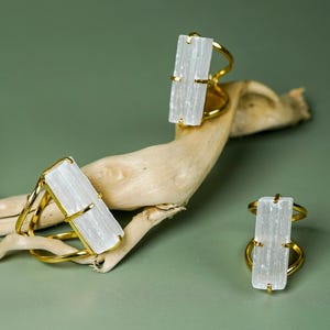 Gold Selenite Crystal Ring: Adjustable Statement Ring