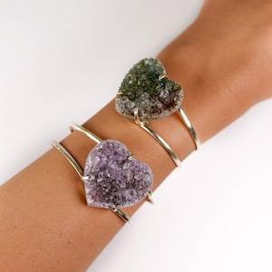 Agate Heart Cuff Bracelet: Purple Green Druzy, Silver Tone