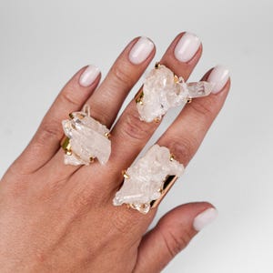 Raw Quartz Crystal Statement Ring: Adjustable Gold-Tone Cuff