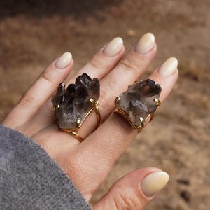 Large Raw Smoky Quartz Statement Ring: Adjustable Gold-Tone Band