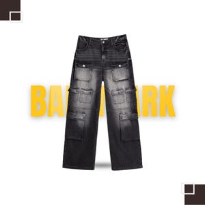 Men’s Black Cargo Denim Jeans – Streetwear Wide Leg Multi-Pocket Pants – Washed Grunge Aesthetic Utility Trousers