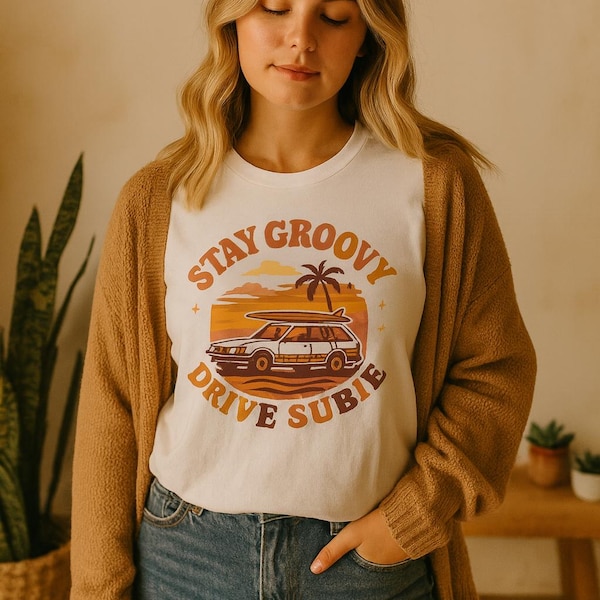 Subaru Shirt Comfort Colors - Retro Subie Surf Tee Vintage Car Graphic | Stay Groovy Drive Subie Shirt | Outdoorsy Beach Adventure T-Shirt