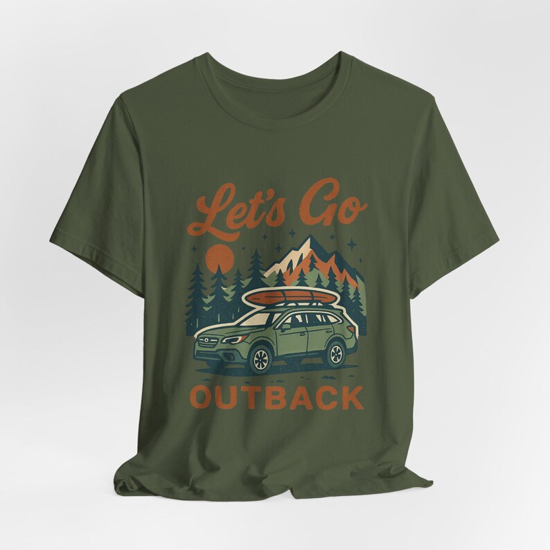 Retro Let’s Go Outback graphic t-shirt with Subaru style SUV, vintage camping adventure print, cozy boho outdoors road trip design