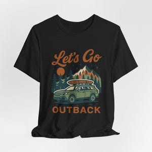 Retro Let’s Go Outback shirt featuring Subaru style SUV design, boho camping adventure graphic tee for road trip and outdoors fans