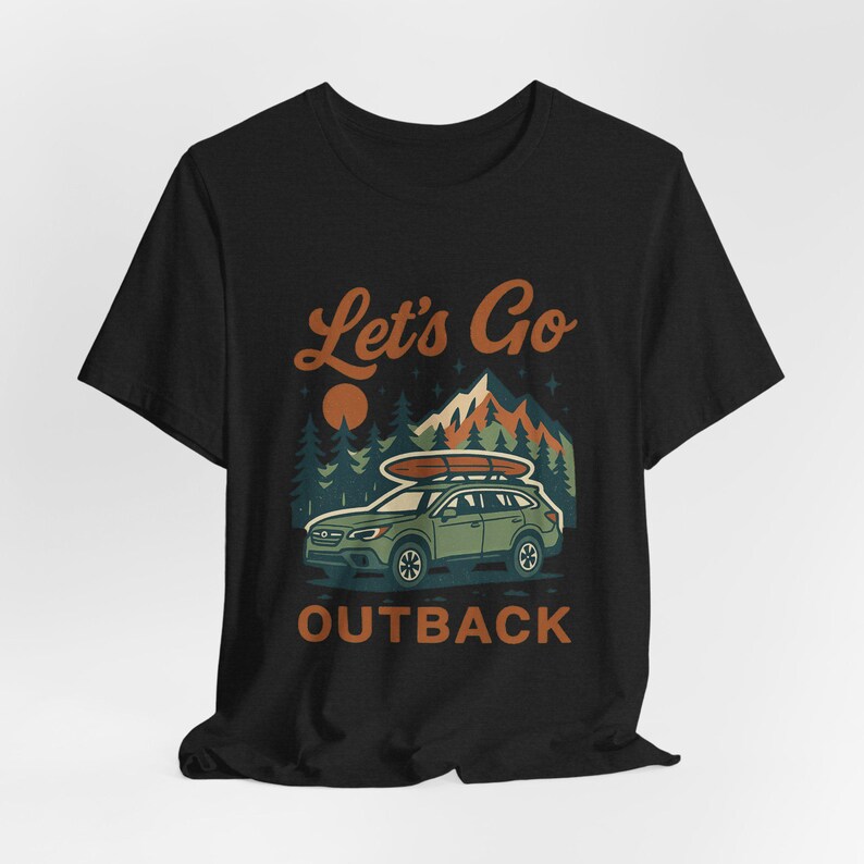 Retro Let’s Go Outback shirt featuring Subaru style SUV design, boho camping adventure graphic tee for road trip and outdoors fans