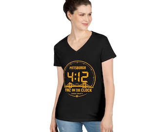 Pittsburgh Womens Yinz On The Clock V-Neck T-Shirt | Steelers City Pride| Draft Football Black and Gold 412 Shirt
