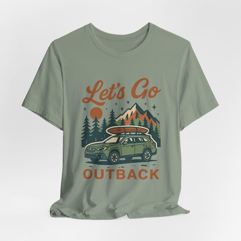 Let’s Go Outback retro adventure tee featuring SUV illustration, camping and mountains design, boho outdoors lifestyle graphic shirt