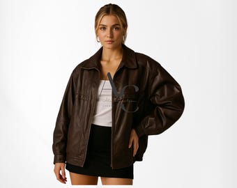 Chaqueta de cuero marrón auténtico vintage de los años 80, extragrande y desgastada: abrigo bomber retro de corte recto.