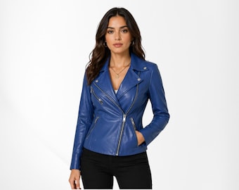 Handmade Blue Lambskin Leather Biker Jacket | Women's Asymmetrical Outerwear | Gift for Her