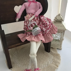 Pink Tilda doll with bird cage