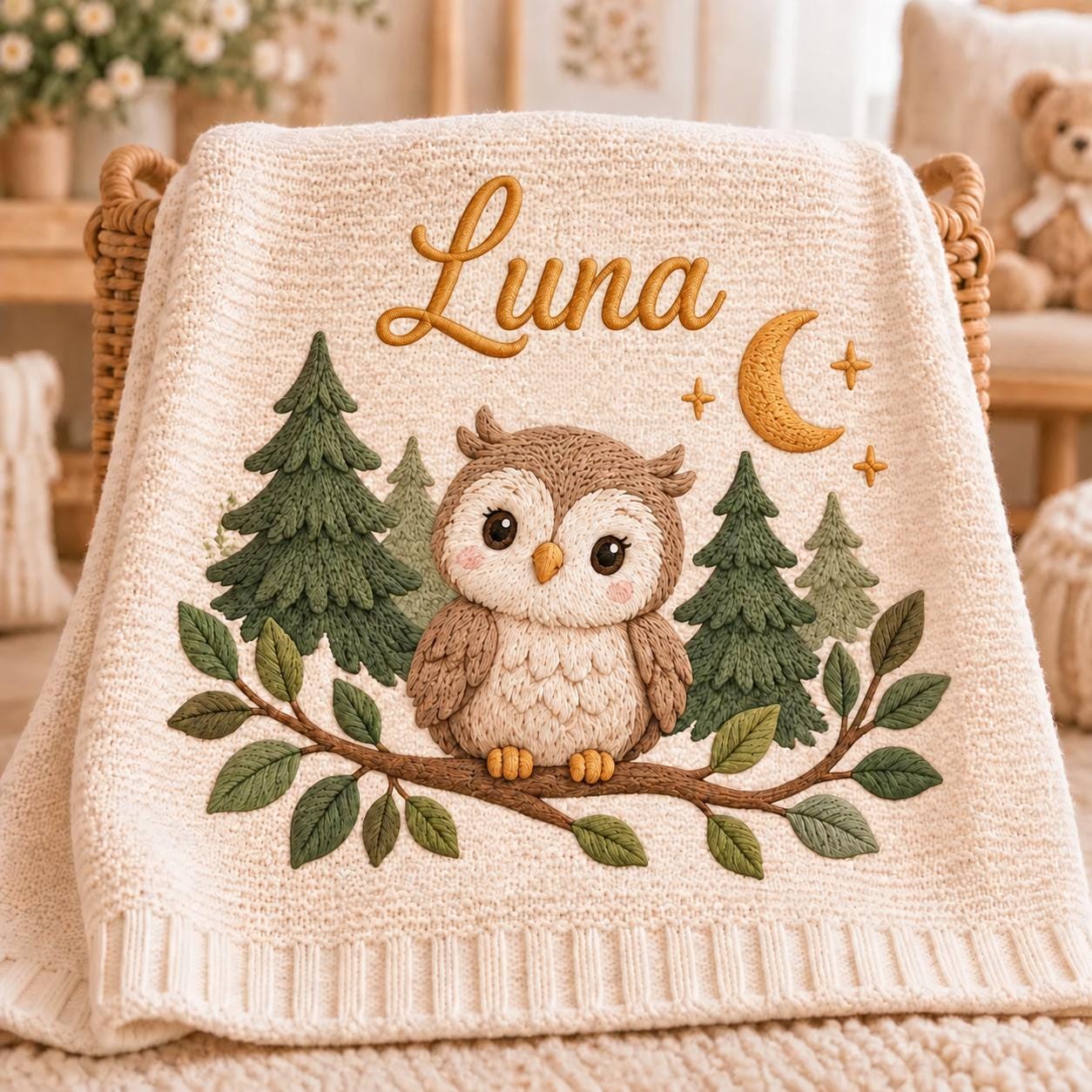 Personalized Owl Woodland Embroidered Baby Blanket, Custom Name Baby Blanket, Forest Owl Nursery Dec