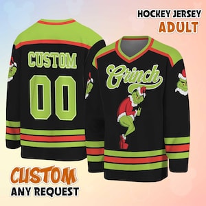 Benutzerdefiniertes Grinch Black Hockey Jersey, personalisiertes das Grinch-Weihnachtshemd, lustiges Feriensport-Outfit, Weihnachtsgeschenk für Fans