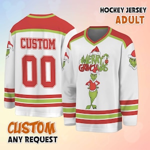Benutzerdefiniertes fröhliches Grinch-Hockey-Trikot, personalisiertes das Grinch-Weihnachtshemd, lustiges Feriensport-Outfit, Weihnachtsgeschenk für Fans