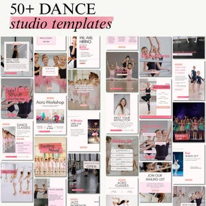May include: A selection of 50+ dance studio templates in a pink and white design. The templates include text such as "Dance Classes", "Acro Workshop", and "Jazz Classes". The image also features photographs of dancers in various poses.