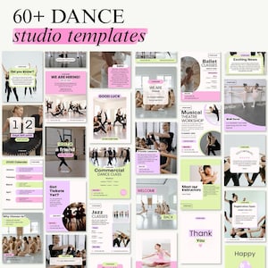 Può includere: Una raccolta di oltre 60 modelli per studi di danza. I modelli presentano una combinazione di colori rosa e verde con immagini di ballerini, testo e grafica. Il testo include "Modelli per studi di danza", "Corsi di balletto" e "Corsi di jazz".