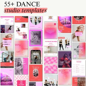 Op de afbeelding: Een verzameling van meer dan 55 dansstudio-sjablonen in roze en rode tinten. De sjablonen bevatten verschillende ontwerpen voor social media-berichten, promotiemateriaal en klasaankondigingen. Tekst: "55+ DANCE studio templates".
