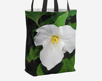 Trillium Tote Bag, reusable grocery bag, woodland wildflower, floral nature photograph